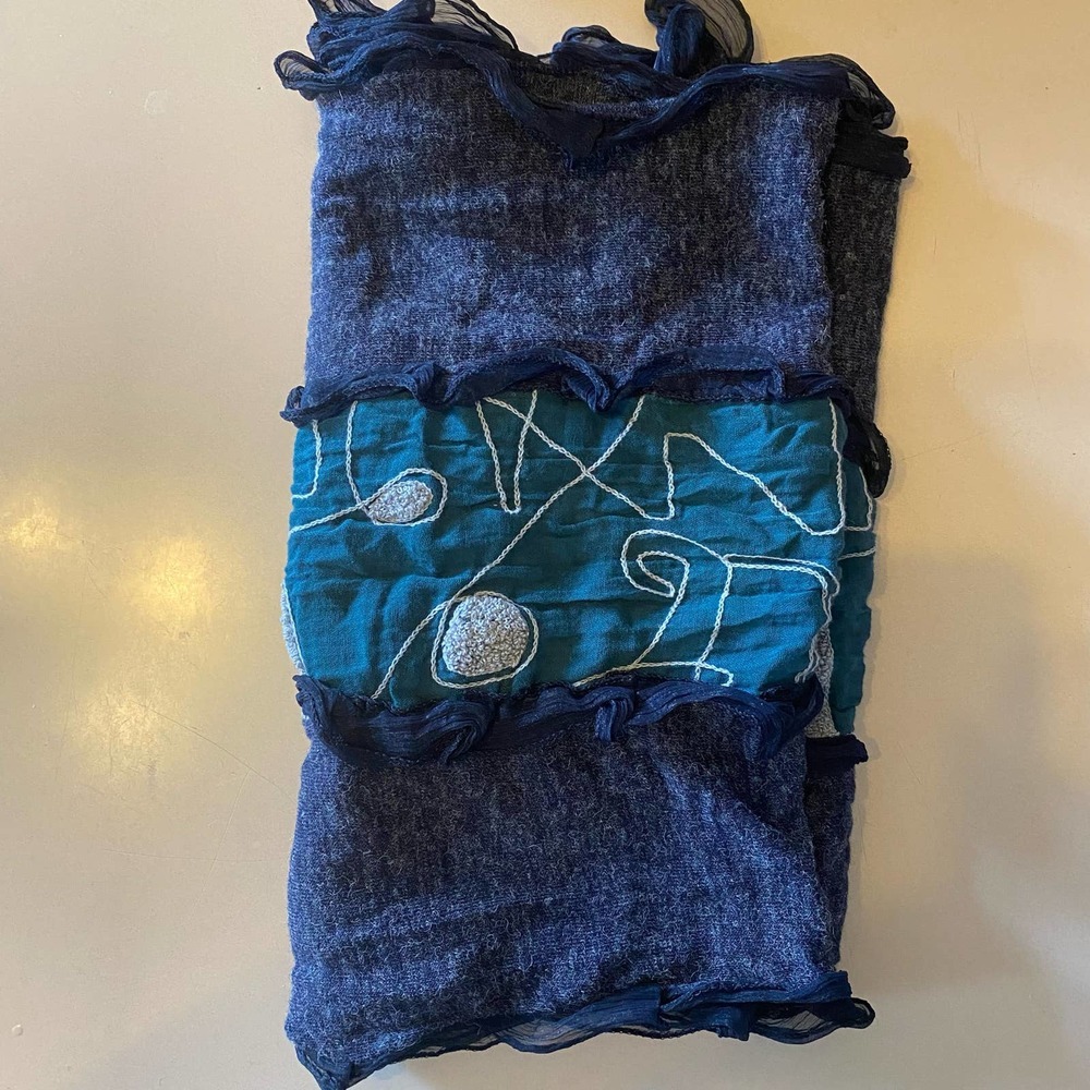 Fredd + Basha Navy Rectangular Embroidered Coastal Grandma Lagenlook Scarf